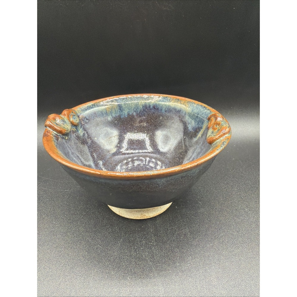 VTG Blue Brown Drip Glaze Art Pottery Studio Footed Bowl Glossy 5 in Signed
